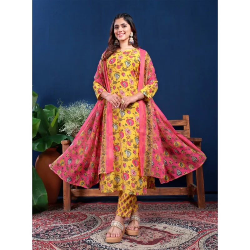 Alternative view of Women's Cotton Blend Printed Kurti With Pant Dupatta Set (Yellow)