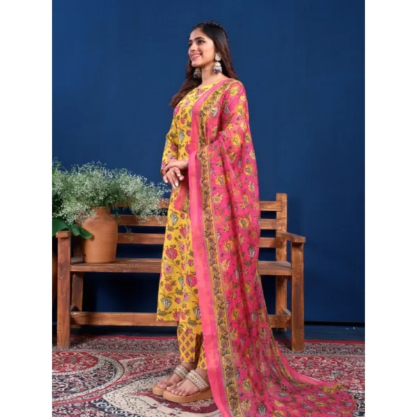 Women's Cotton Blend Printed Kurti With Pant Dupatta Set (Yellow) - Image 5
