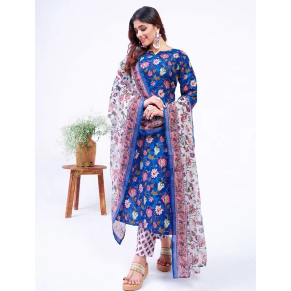 Women's Cotton Blend Printed Kurti With Pant Dupatta Set (Blue) - Image 5