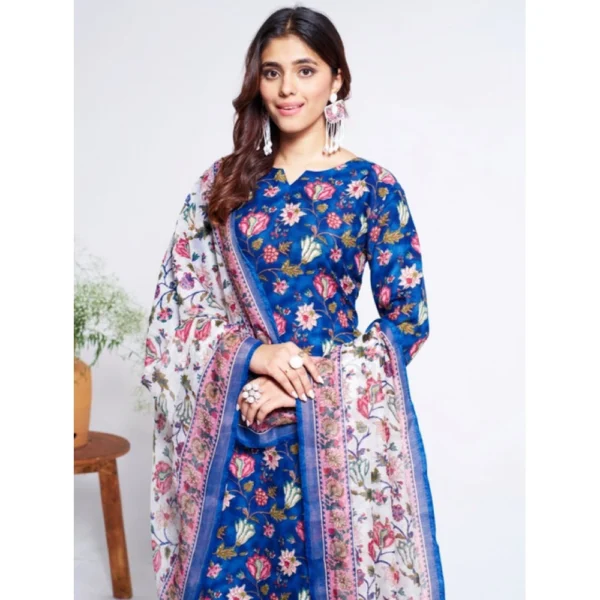 Women's Cotton Blend Printed Kurti With Pant Dupatta Set (Blue) - Image 3
