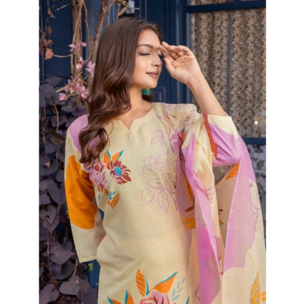 Women's Cotton Blend Printed Kurti With Pant Dupatta Set (Cream) - Image 3