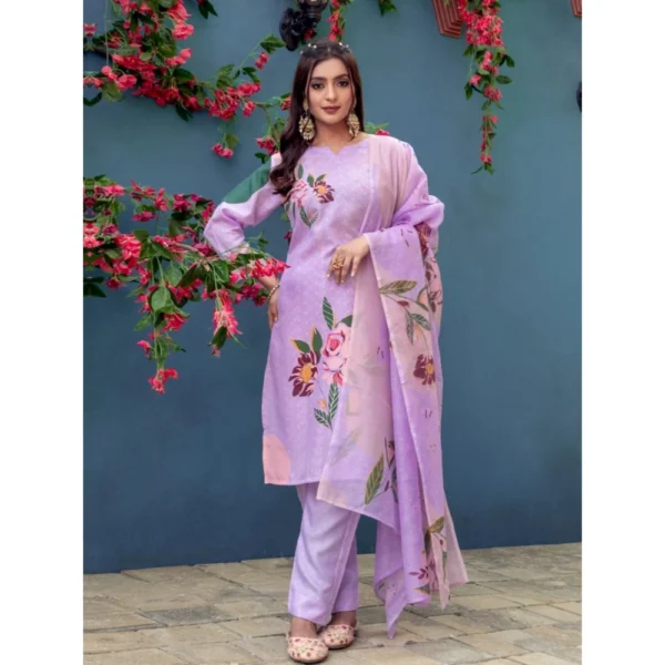 Women's Cotton Blend Printed Kurti With Pant Dupatta Set (Lavender) - Image 4