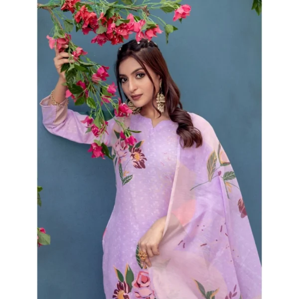 Women's Cotton Blend Printed Kurti With Pant Dupatta Set (Lavender) - Image 3