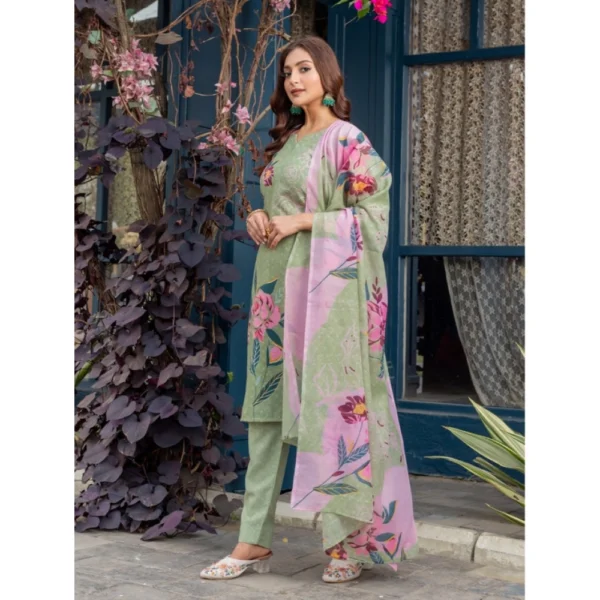 Women's Cotton Blend Printed Kurti With Pant Dupatta Set (Mehendi) - Image 4