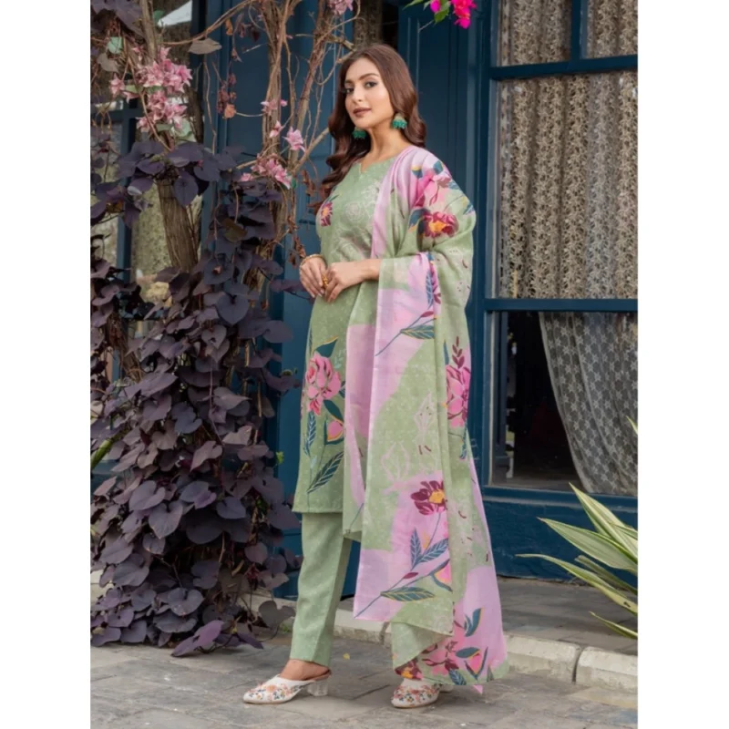 Alternative view of Women's Cotton Blend Printed Kurti With Pant Dupatta Set (Mehendi)
