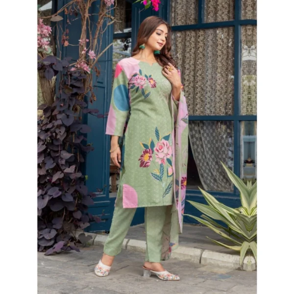 Women's Cotton Blend Printed Kurti With Pant Dupatta Set (Mehendi) - Image 5