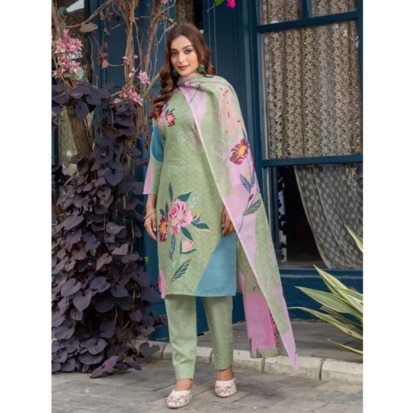 Women's Cotton Blend Printed Kurti With Pant Dupatta Set (Mehendi) - Image 3
