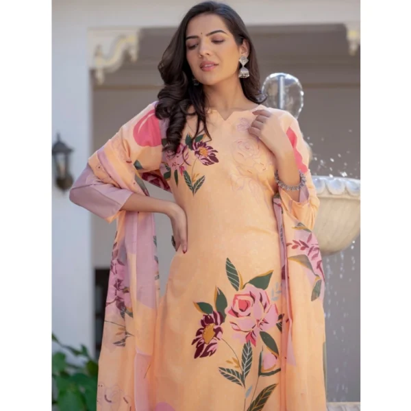 Women's Cotton Blend Printed Kurti With Pant Dupatta Set (Orange) - Image 5