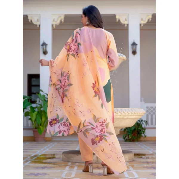 Women's Cotton Blend Printed Kurti With Pant Dupatta Set (Orange) - Image 3