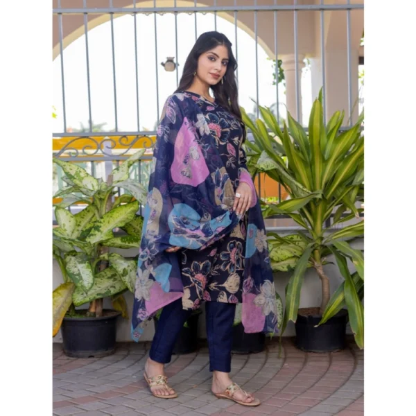 Women's Cotton Blend Printed Kurti With Pant Dupatta Set (NavyBlue) - Image 4