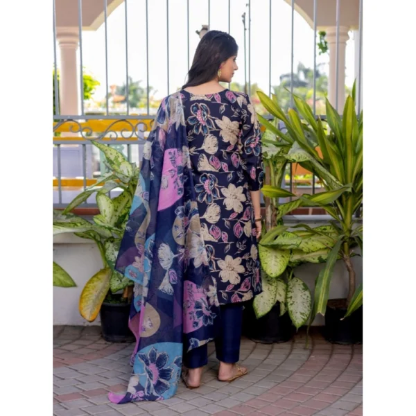 Women's Cotton Blend Printed Kurti With Pant Dupatta Set (NavyBlue) - Image 5