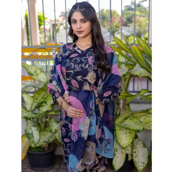 Women's Cotton Blend Printed Kurti With Pant Dupatta Set (NavyBlue) - Image 3