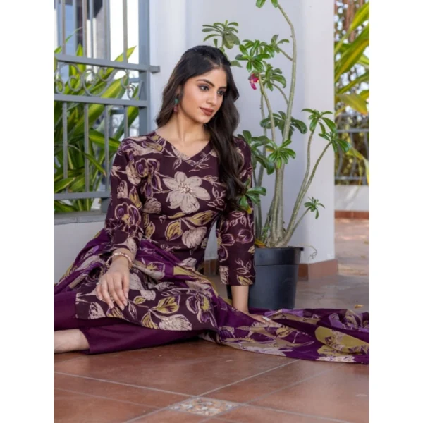 Women's Cotton Blend Printed Kurti With Pant Dupatta Set (Purple) - Image 3