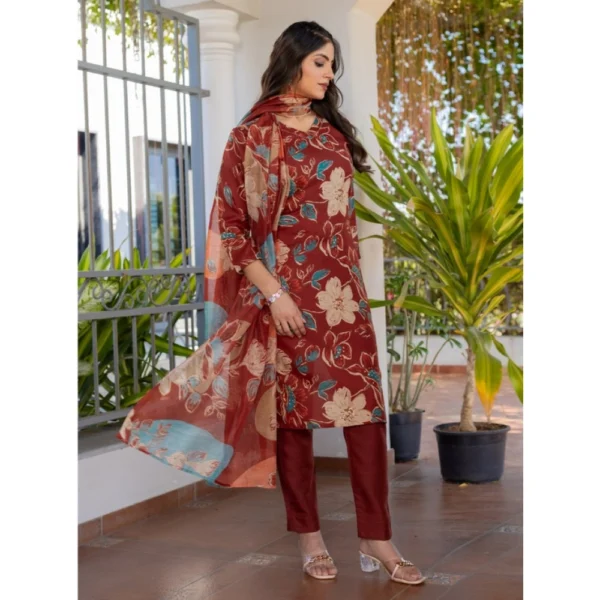 Women's Cotton Blend Printed Kurti With Pant Dupatta Set (Rust) - Image 5
