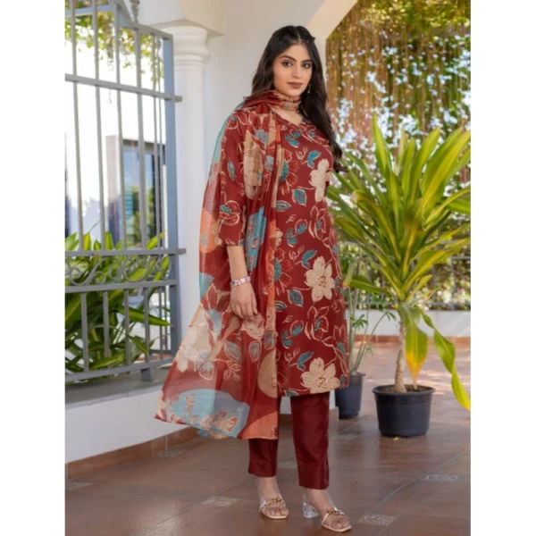 Women's Cotton Blend Printed Kurti With Pant Dupatta Set (Rust) - Image 3