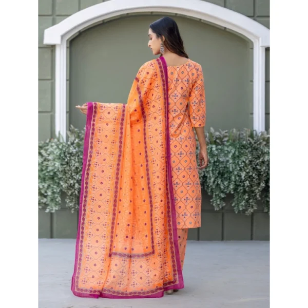 Women's Cotton Blend Printed Kurti With Pant Dupatta Set (Coral) - Image 4