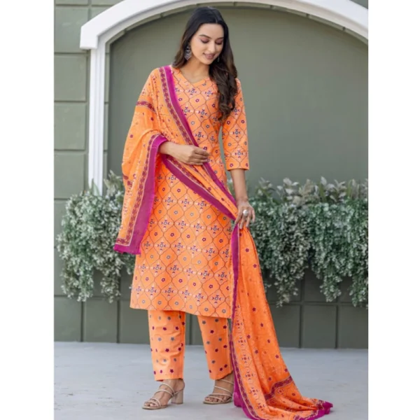 Women's Cotton Blend Printed Kurti With Pant Dupatta Set (Coral) - Image 5