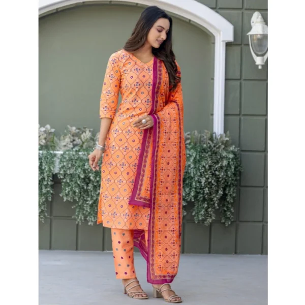 Women's Cotton Blend Printed Kurti With Pant Dupatta Set (Coral) - Image 3