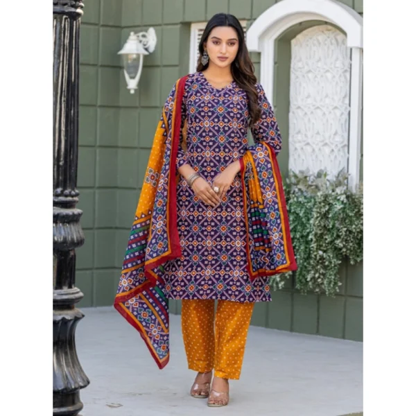 Women's Cotton Blend Printed Kurti With Pant Dupatta Set (Navy Blue) - Image 3