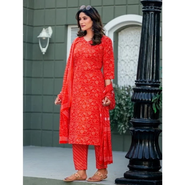 Women's Cotton Blend Printed Kurti With Pant Dupatta Set (Orange) - Image 4