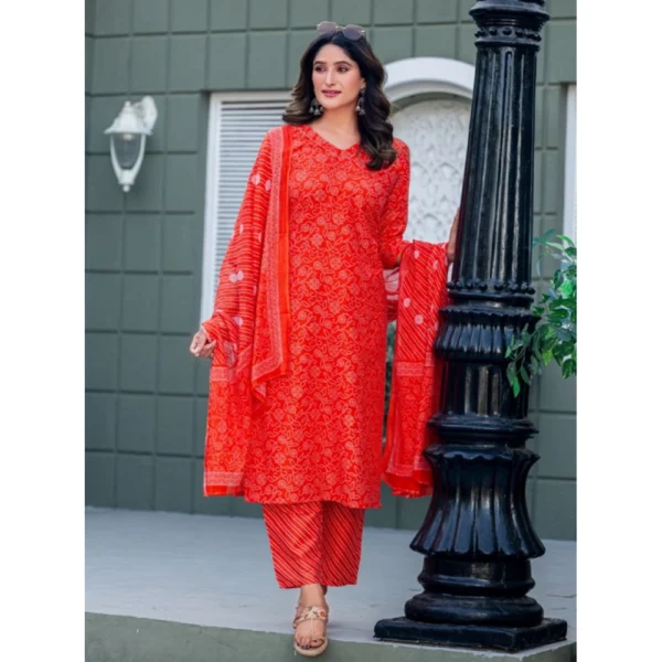 Women's Cotton Blend Printed Kurti With Pant Dupatta Set (Orange) - Image 3