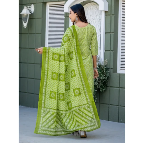 Women's Cotton Blend Printed Kurti With Pant Dupatta Set (Parrot) - Image 4