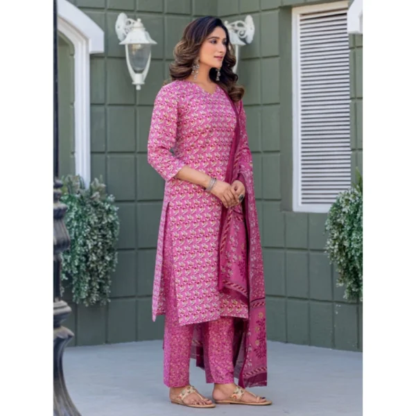 Women's Cotton Blend Printed Kurti With Pant Dupatta Set (Pink) - Image 4