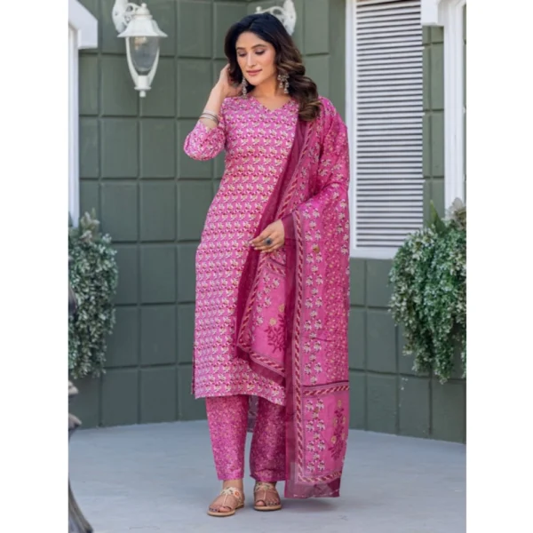 Women's Cotton Blend Printed Kurti With Pant Dupatta Set (Pink) - Image 3