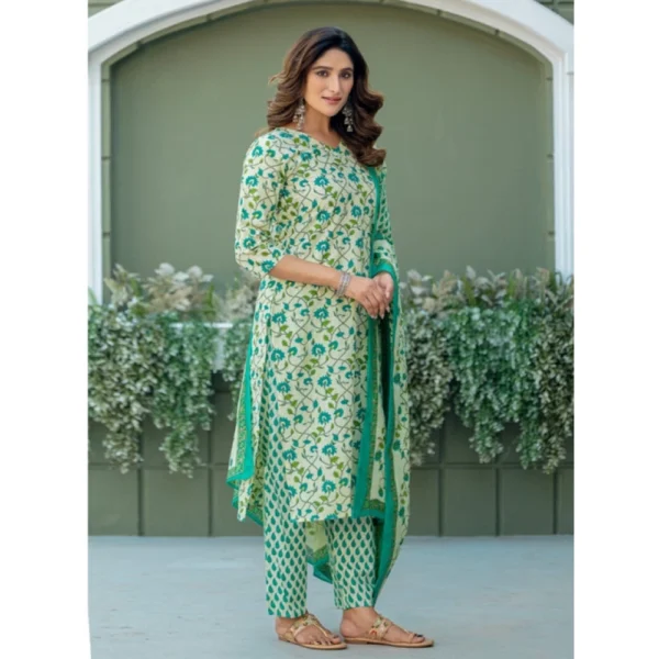 Women's Cotton Blend Printed Kurti With Pant Dupatta Set (Pista) - Image 4