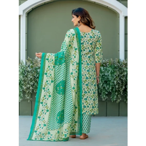 Women's Cotton Blend Printed Kurti With Pant Dupatta Set (Pista) - Image 5