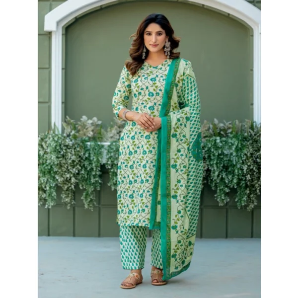 Women's Cotton Blend Printed Kurti With Pant Dupatta Set (Pista) - Image 3