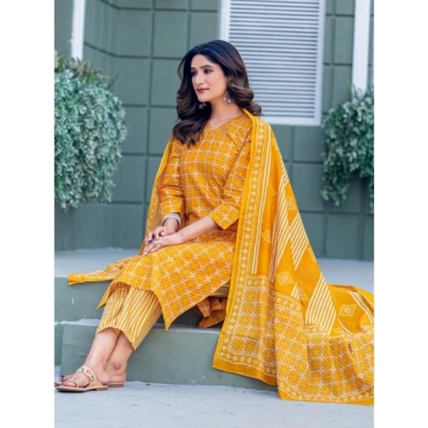 Women's Cotton Blend Printed Kurti With Pant Dupatta Set (Yellow) - Image 3