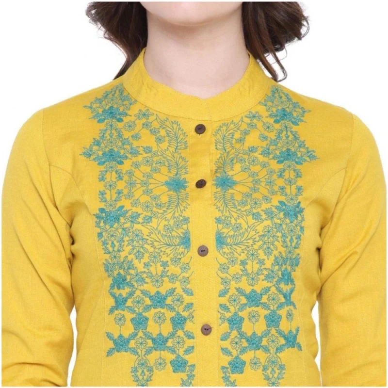 Alternative view of Women's Khadi Embroidered Kurti (Yellow, Khadi)