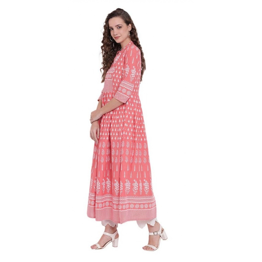 Women's Cotton Printed Regular Kurti (Peach, Cotton) - Image 3
