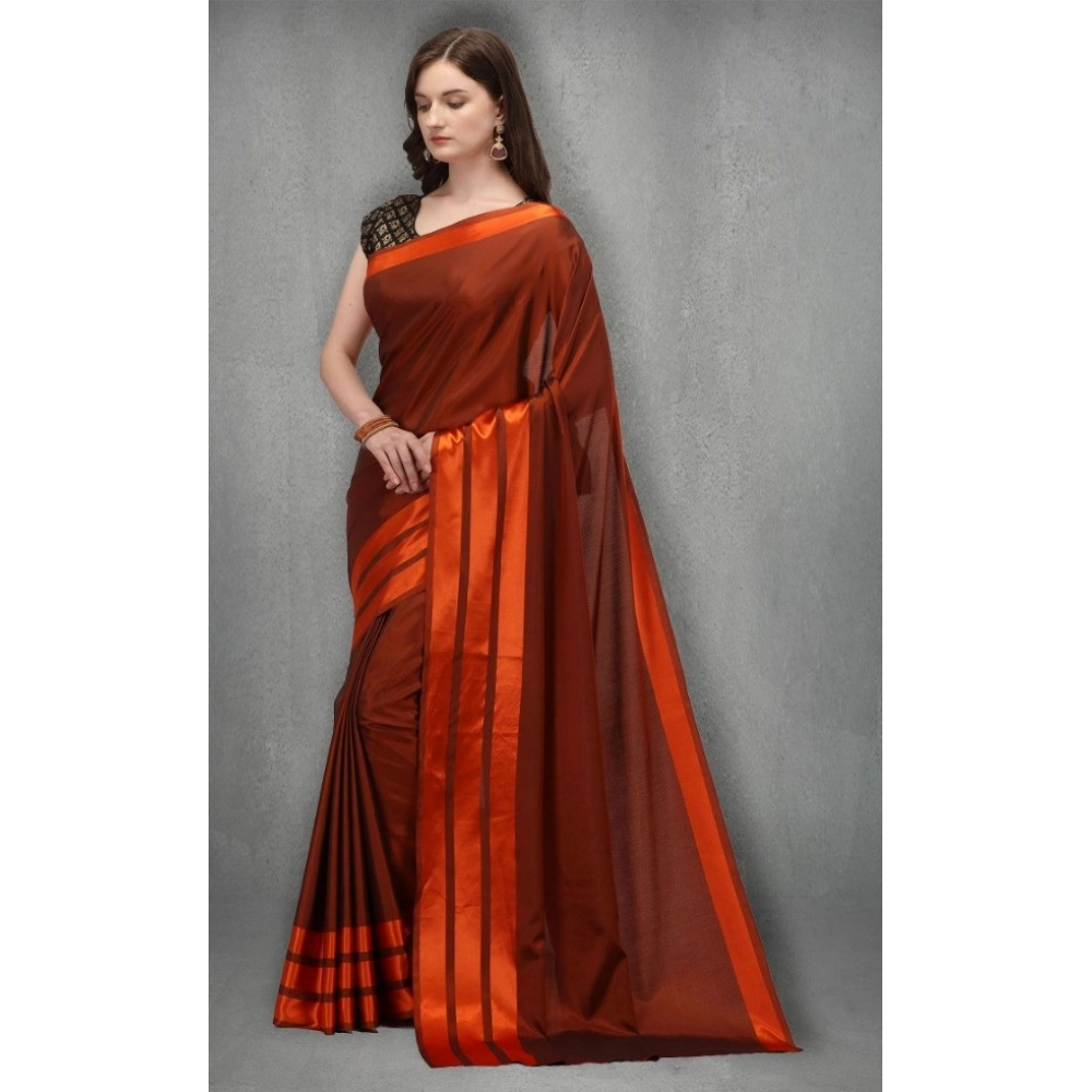 Women's Satin Silk Saree with Blouse (Orange, 5-6 Mtrs) - Image 3