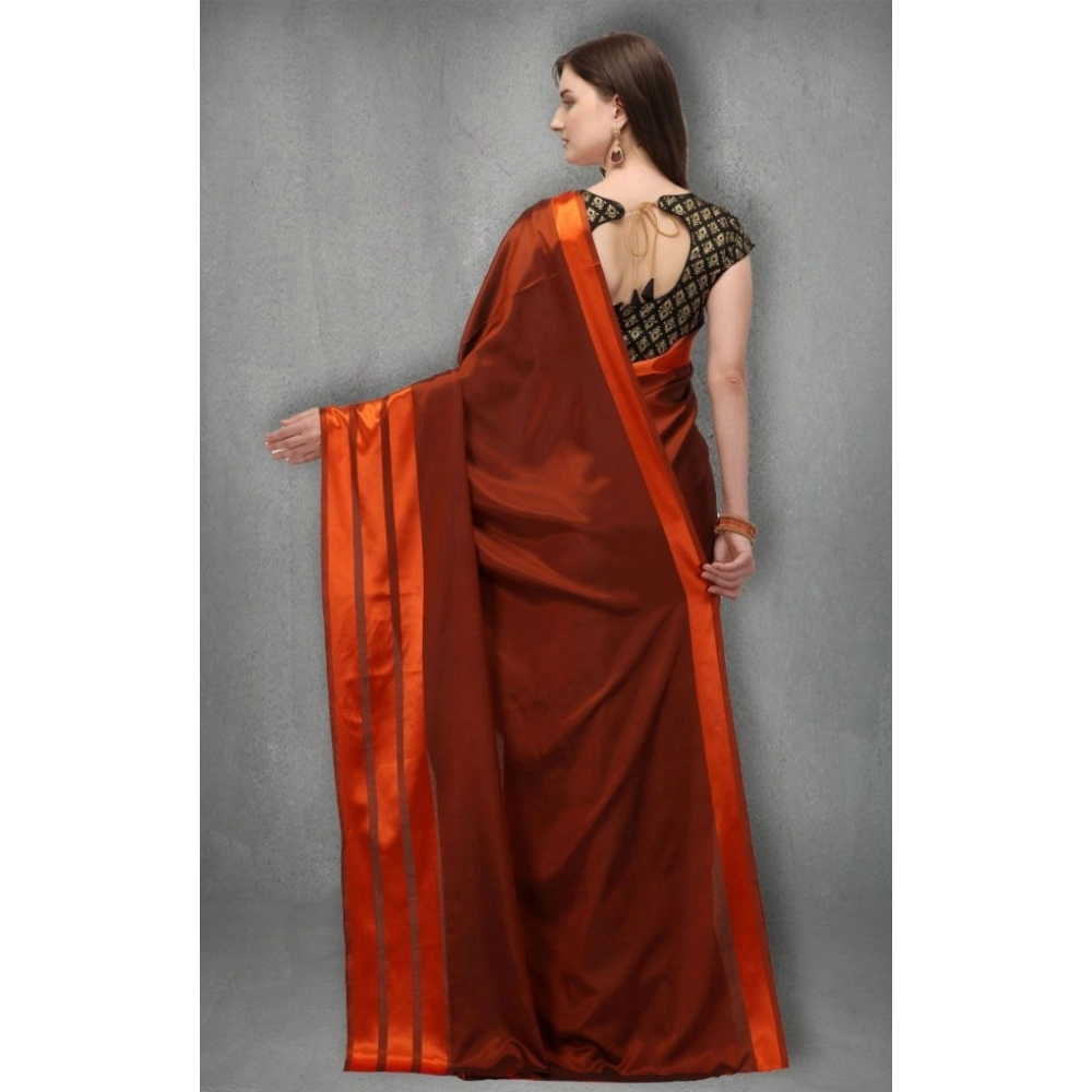 Women's Satin Silk Saree with Blouse (Orange, 5-6 Mtrs) - Image 2