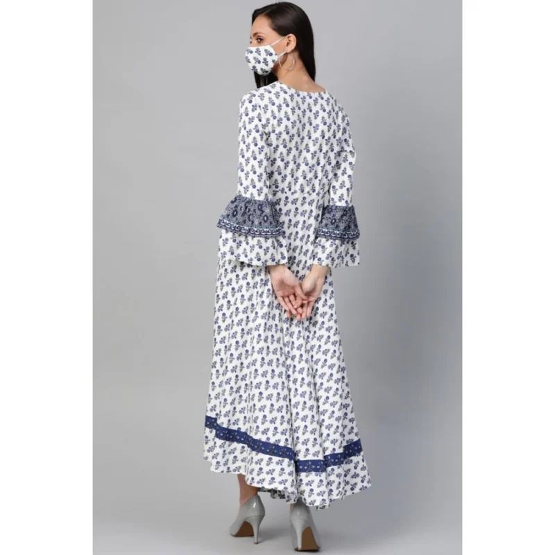 Alternative view of Women's Casual Bell Sleeve Floral Printed Rayon Dress (White & Blue)