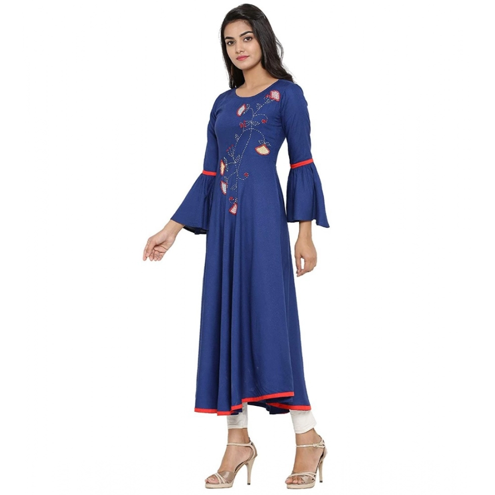Women's Casual Bell Sleeves Embroidery Rayon Kurti (Blue) - Image 5