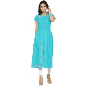 Women's Casual Short Sleeve Embroidery Cotton Slub Kurti (Torque Green)