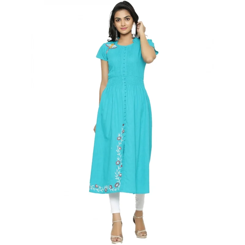 Women's Casual Short Sleeve Embroidery Cotton Slub Kurti (Torque Green)