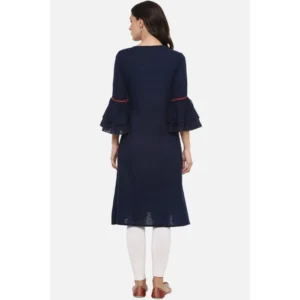 Alternative view of Women's Casual Bell Sleeves Solid Cotton Slub Kurti (Blue)