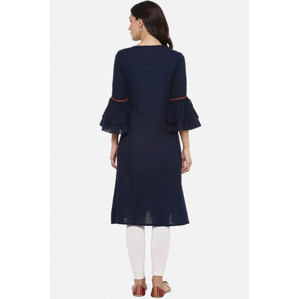 Women's Casual Bell Sleeves Solid Cotton Slub Kurti (Blue) - Image 2