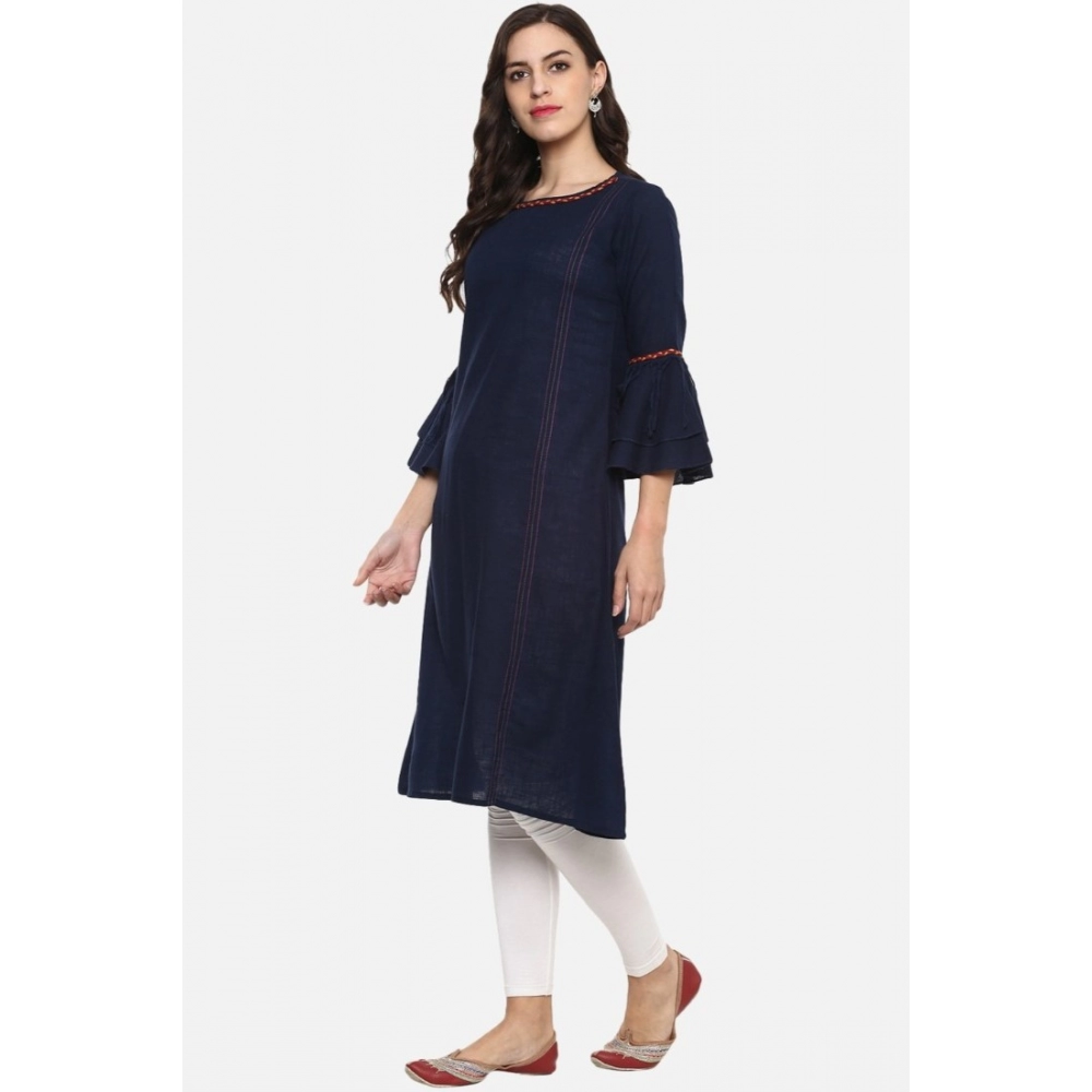 Women's Casual Bell Sleeves Solid Cotton Slub Kurti (Blue) - Image 5