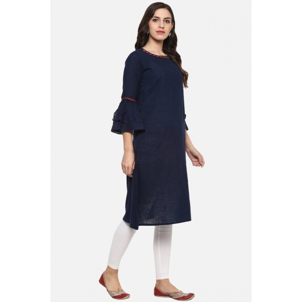 Women's Casual Bell Sleeves Solid Cotton Slub Kurti (Blue) - Image 3