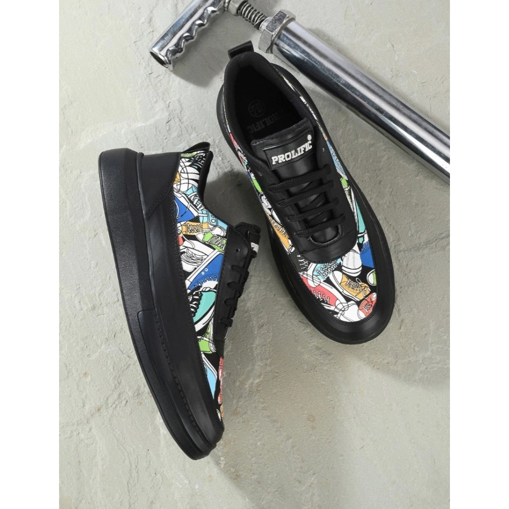 Men's Casual Synthetic Printed Lace-Up Shoes (Black) - Image 5