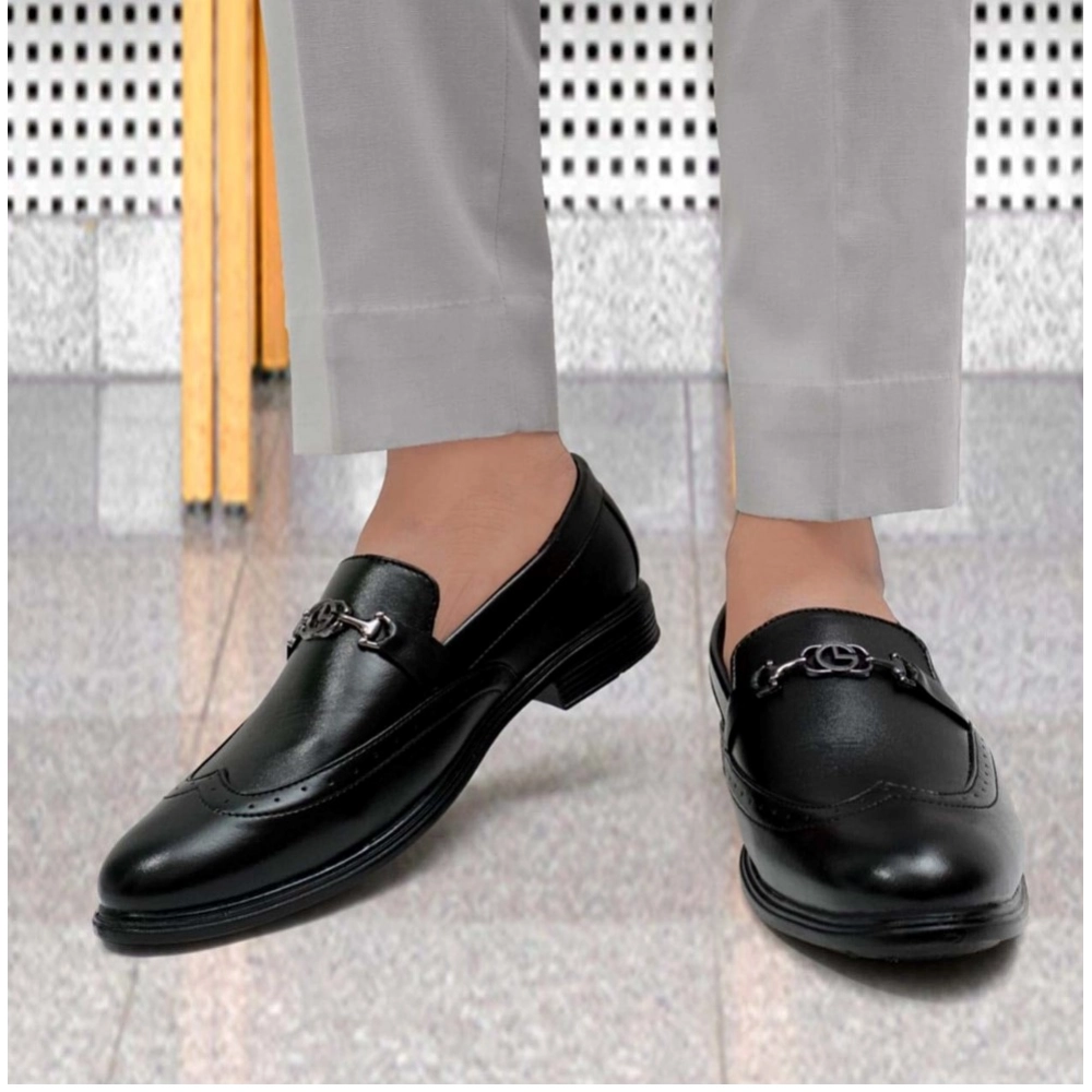 Men's Casual Faux Leather Solid Slip-on Formal Shoes (Black) - Image 5