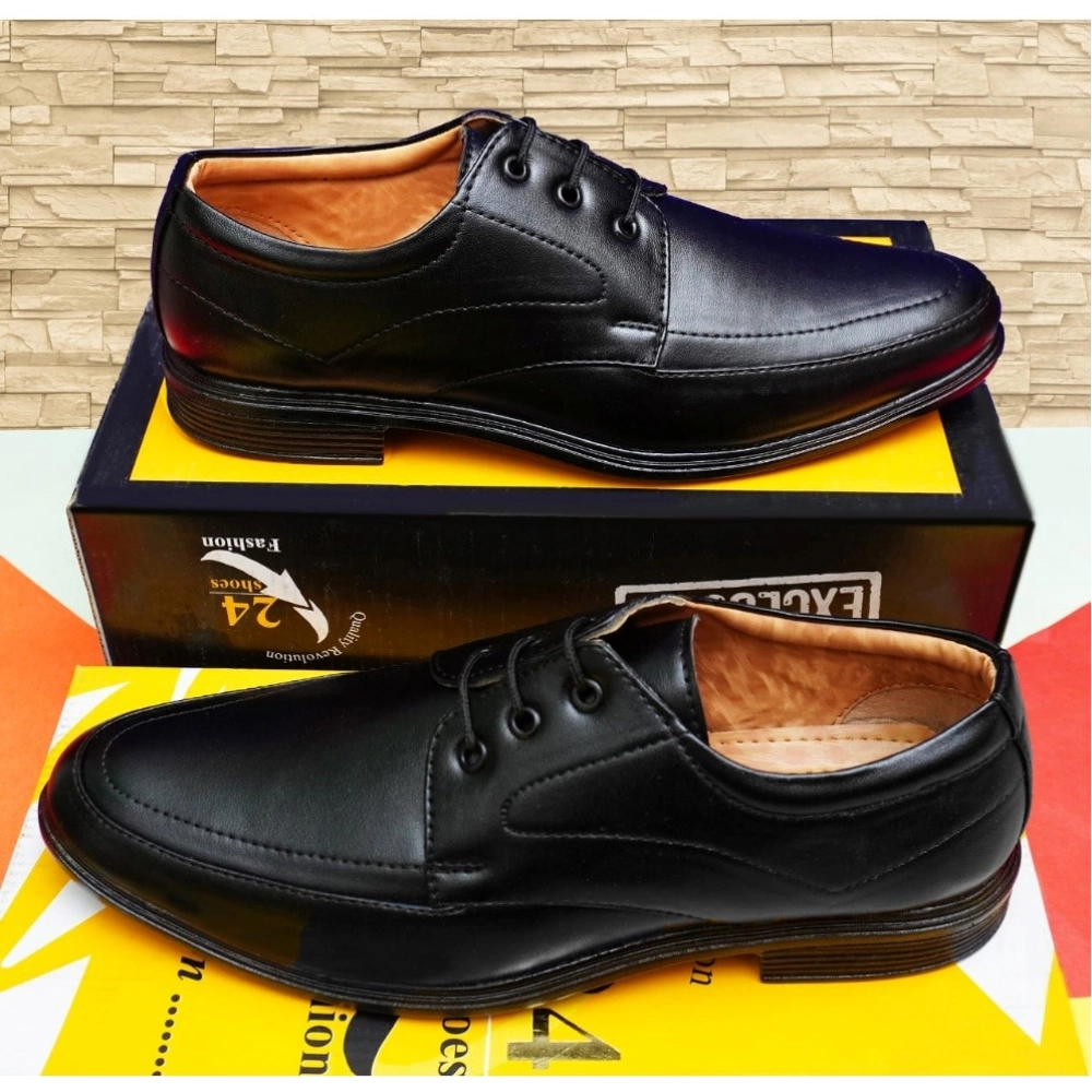 Men's Casual Faux Leather Solid Lace-Up Formal Shoes (Black) - Image 4