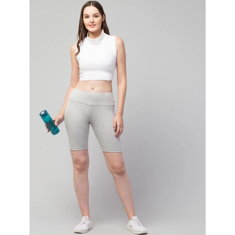 Women's Polyester Solid Above Knee High-Rise Shorts (Grey) - Image 3