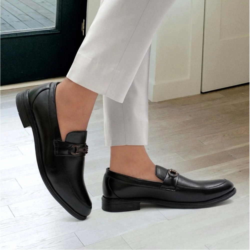 Men's Casual Faux Leather Solid Slip-on Formal Shoes (Black) - Image 5