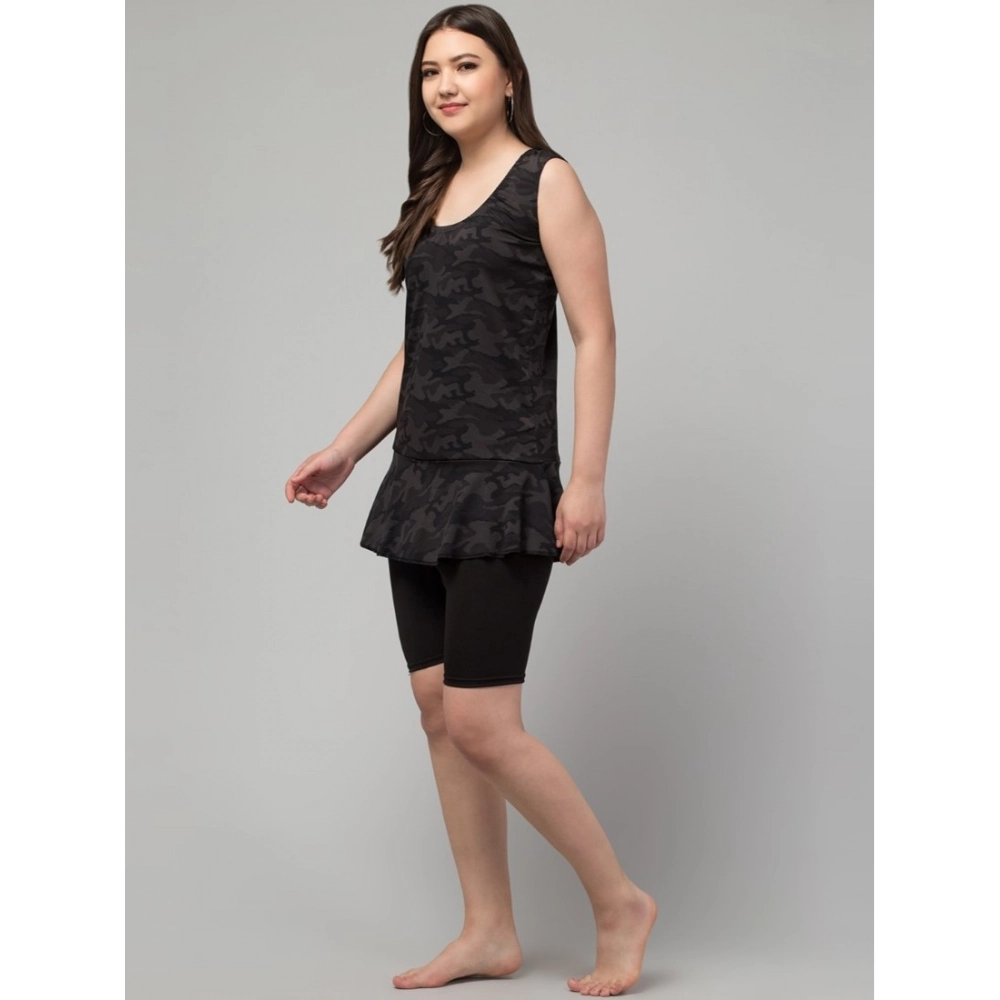 Women's Polyester Spandex Printed Slip On Round Neck Swimsuit Set (Black) - Image 4